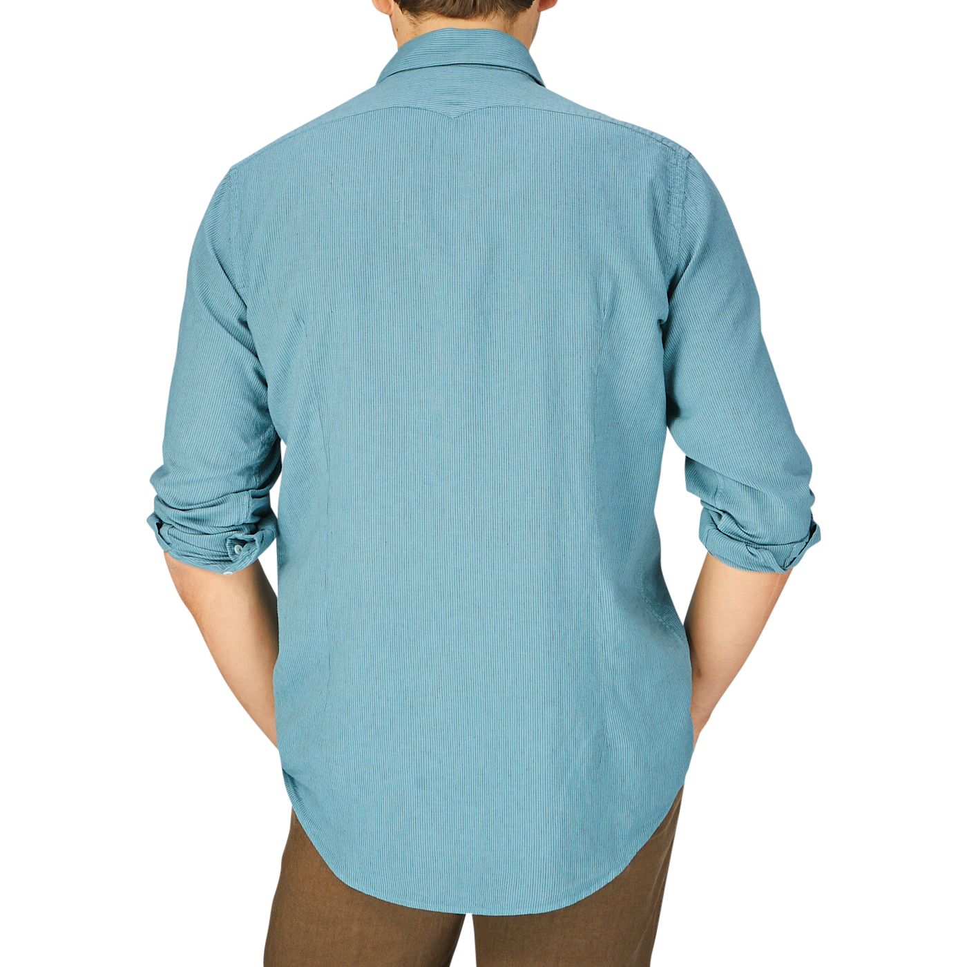 Person wearing a Turquoise Striped Cotton Linen Genova Shirt by Massimo Alba viewed from behind, made in Italy.