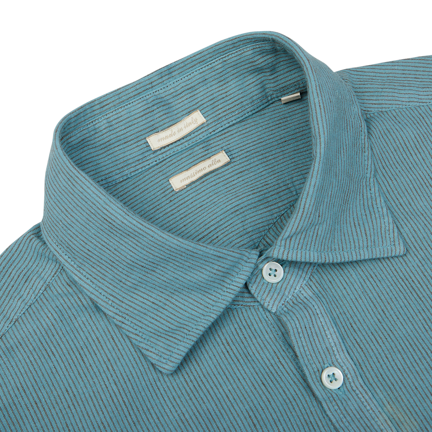 Close-up of a Turquoise Striped Cotton Linen Genova shirt collar from Massimo Alba with a buttoned neckline, made in Italy.