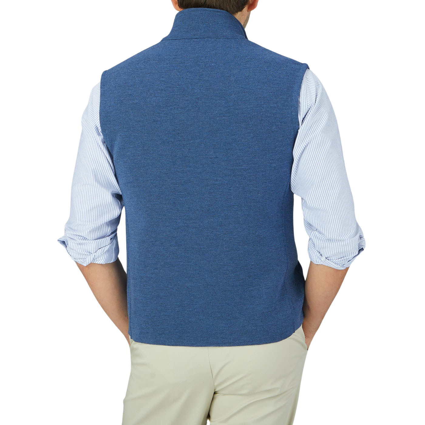 The back view of a man wearing a Maurizio Baldassari Denim Blue Milano Stitch Wool Zip Gilet.