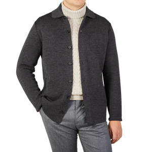 Maurizio Baldassari Charcoal Grey Milano Knitted Wool Overshirt Front
