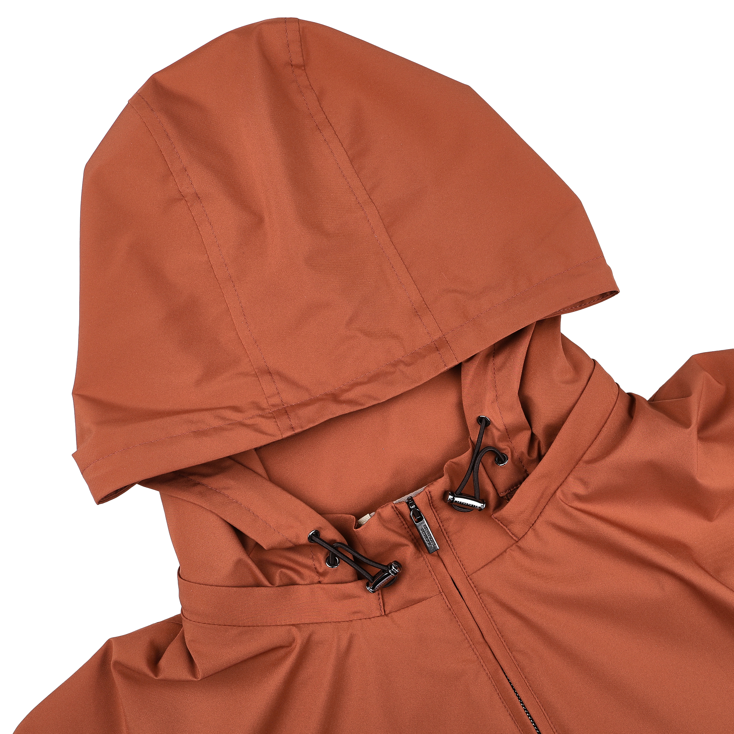 The Maurizio Baldassari Terracotta Brown Nylon Hooded Blouson Jacket features a removable hood with adjustable drawstrings and a front zipper, crafted from technical nylon.