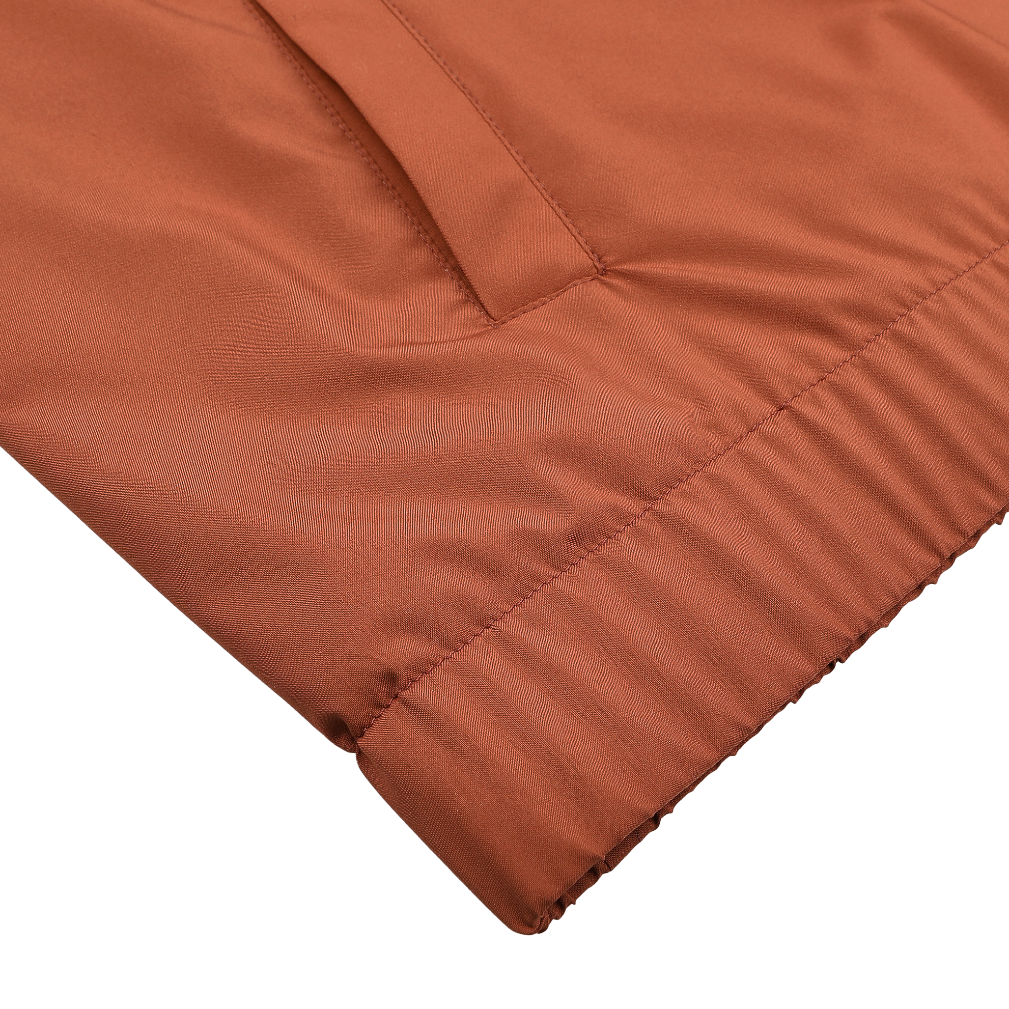 Close-up of a Terracotta Brown Nylon Hooded Blouson Jacket sleeve from Maurizio Baldassari, featuring a ribbed cuff and visible side pocket on a black background, showcasing its lightweight design.