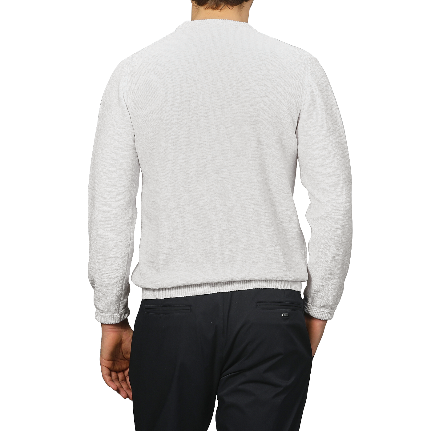 A person in a Cream Summer Mouline Crew Neck Sweater by Maurizio Baldassari and dark pants, viewed from the back, stands against a gray background.