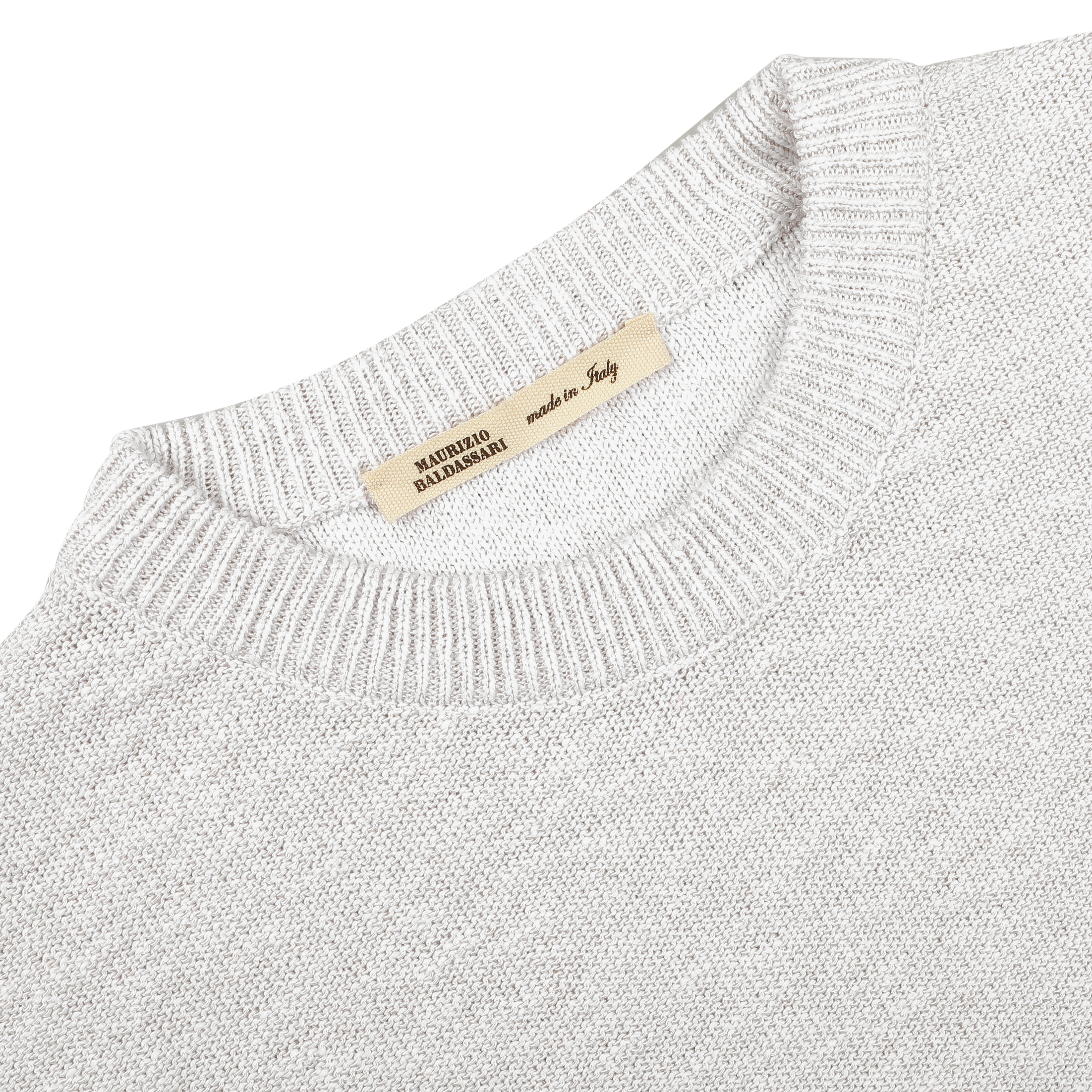 Close-up of a Maurizio Baldassari Cream Summer Mouline Crew Neck Sweater, in light gray cotton-viscose blend with a textured pattern and visible "Made in Italy" tag.