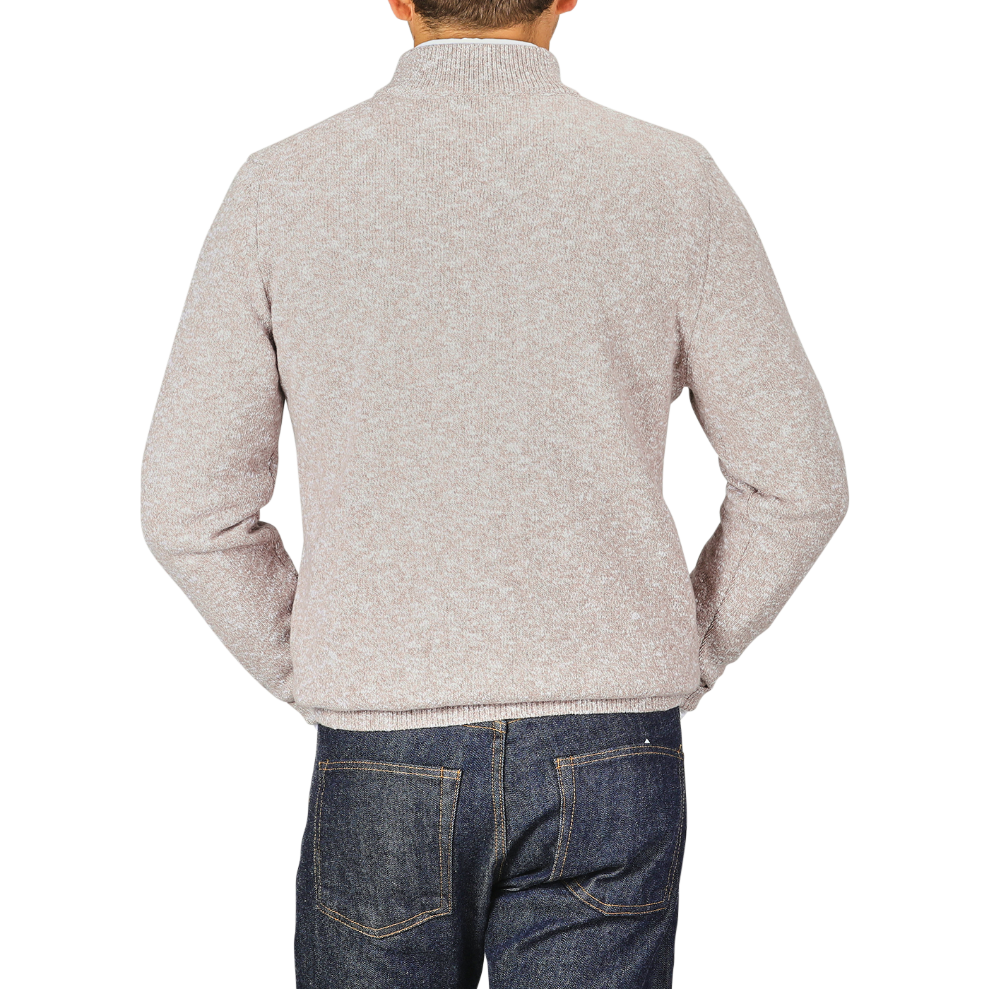 A person wearing a Maurizio Baldassari Beige Winter Wool Mouline 1/4 Zip Sweater and blue jeans stands facing away from the camera against a plain background.