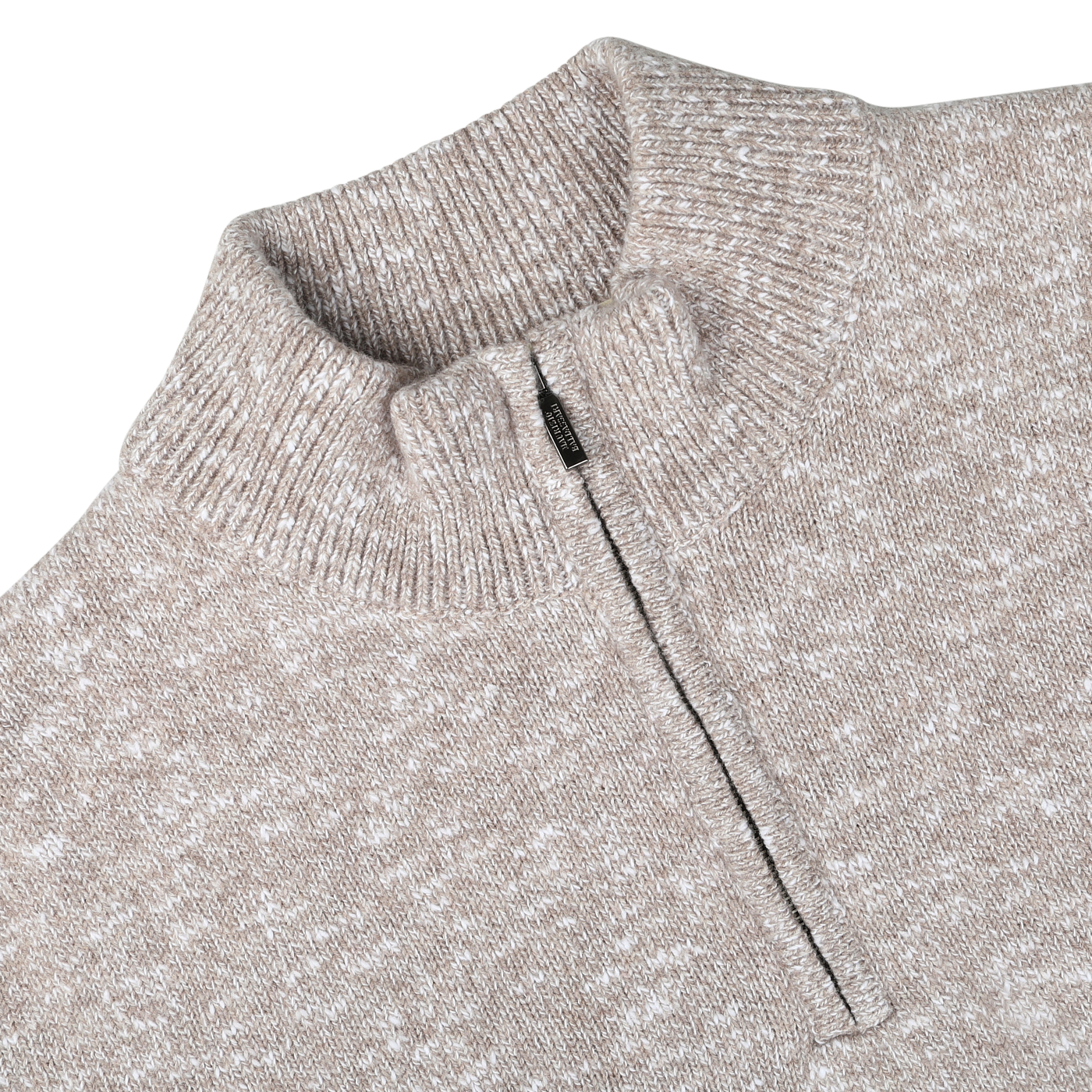 Close-up of the Beige Winter Wool Mouline 1/4 Zip Sweater by Maurizio Baldassari, knitted in an oatmeal beige melange from Tasmanian wool, shown against a white background.