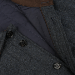 Close-up of a Blue Melange Quilted Virgin Wool Overshirt by Maurizio Baldassari, featuring three black buttons, a visible inner blue lining, a brown collar, and Thermore padding.