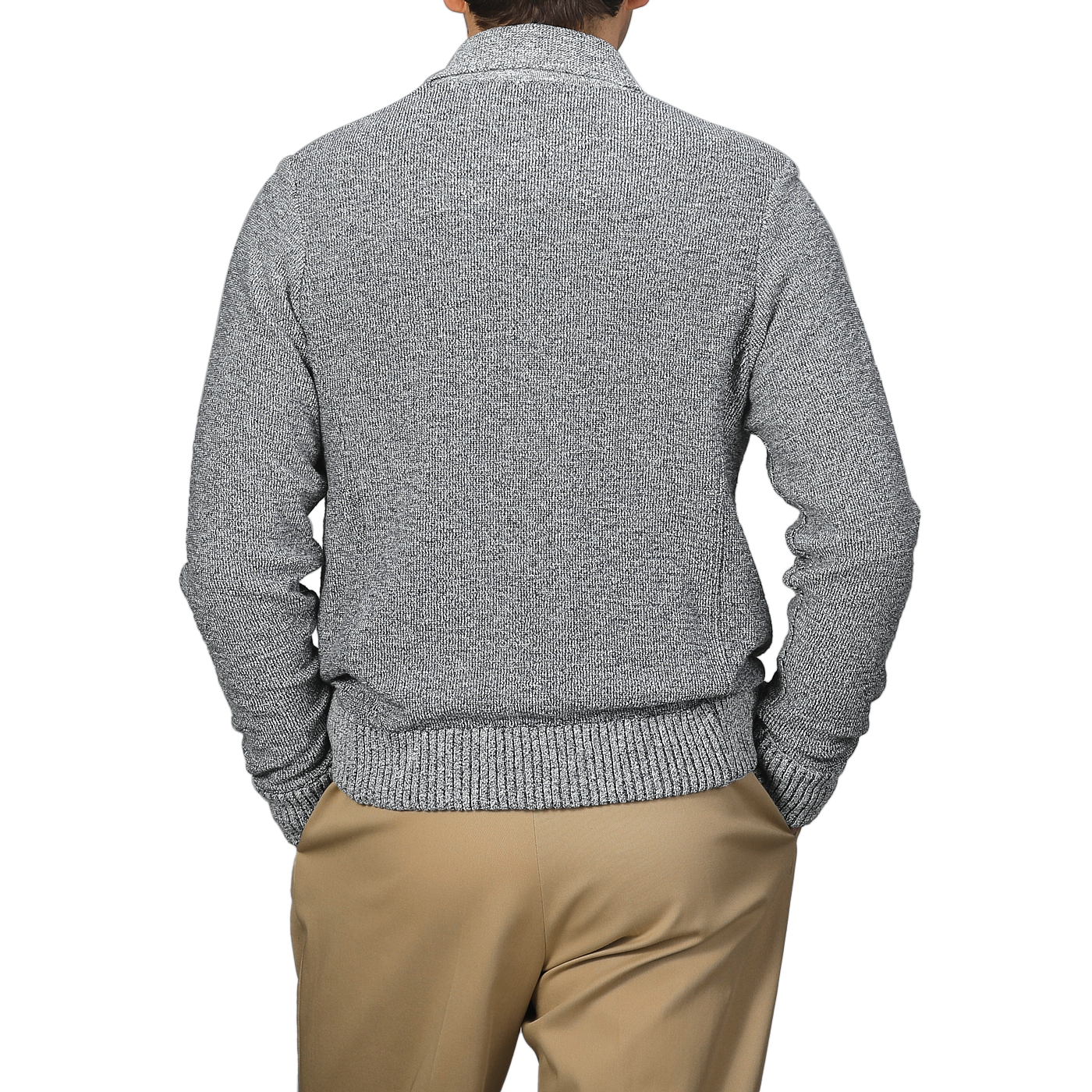 Back view of someone enjoying relaxed luxury, wearing a Maurizio Baldassari Blue Melange Summer Mouline Blouson with beige pants.