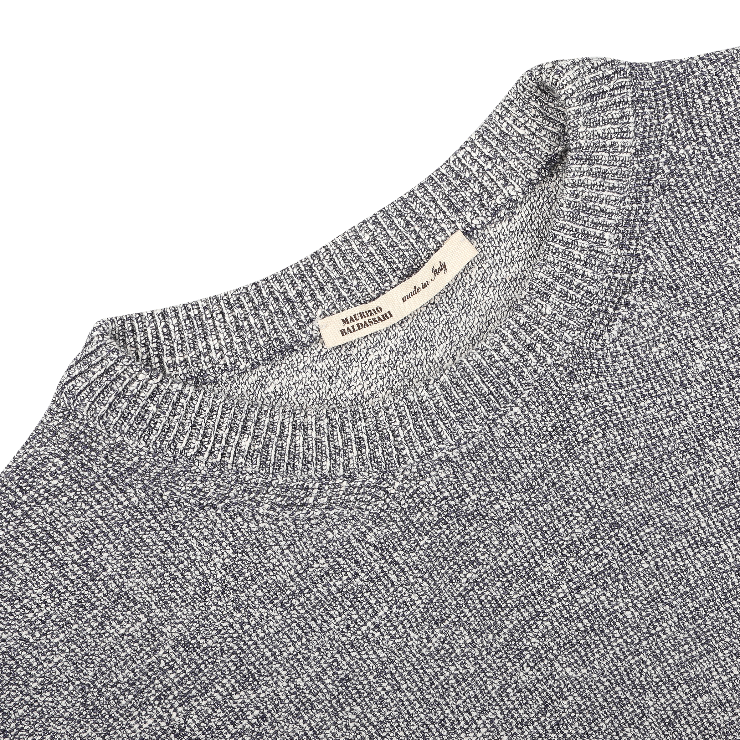 The Blue Melange Summer Mouline Crew Neck Sweater by Maurizio Baldassari is crafted from a luxurious cotton-viscose blend, featuring a visible woven texture enhanced by a subtle summer mouline knit, with a white label on the collar displaying text.