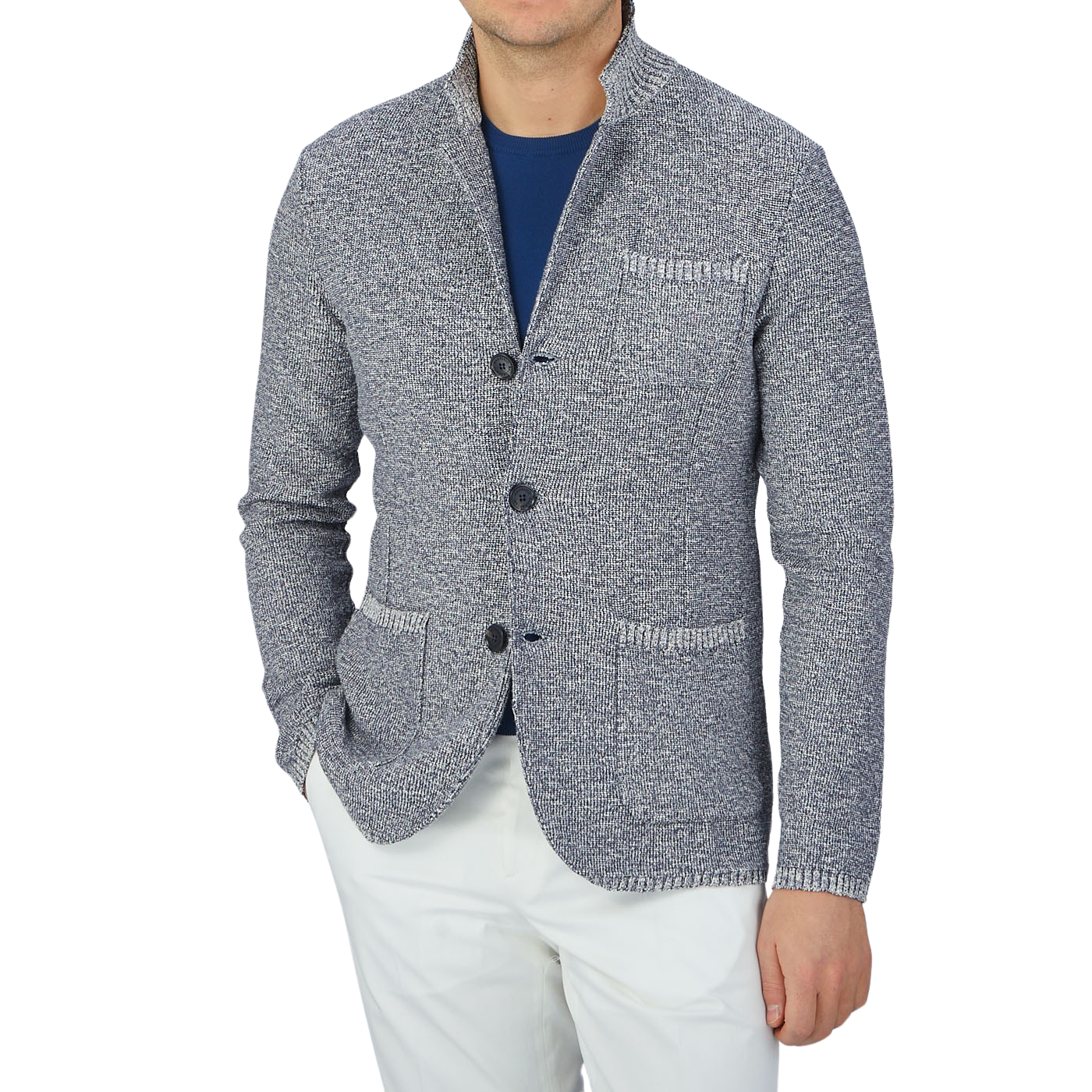 A man wearing a Maurizio Baldassari Blue Melange Cotton Mouline Knitted Jacket.