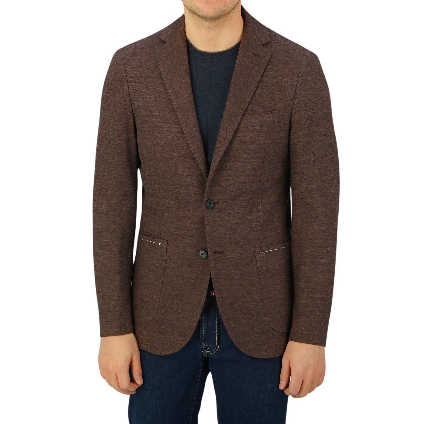A man wearing a Maurizio Baldassari Brown Melange Wool Linen Silk Jersey Blazer.