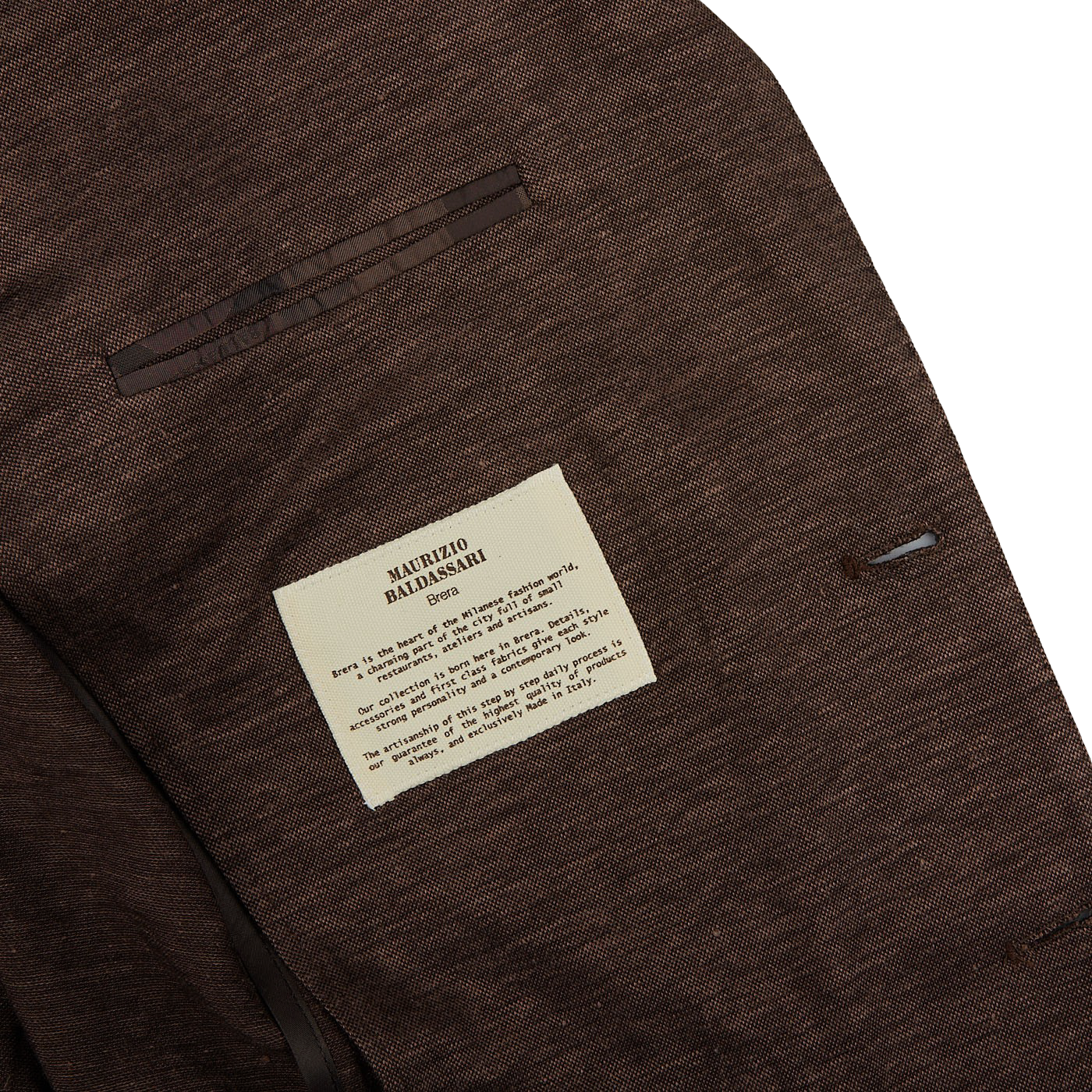 A Maurizio Baldassari Brown Melange Wool Linen Silk Jersey Blazer with a label on it.