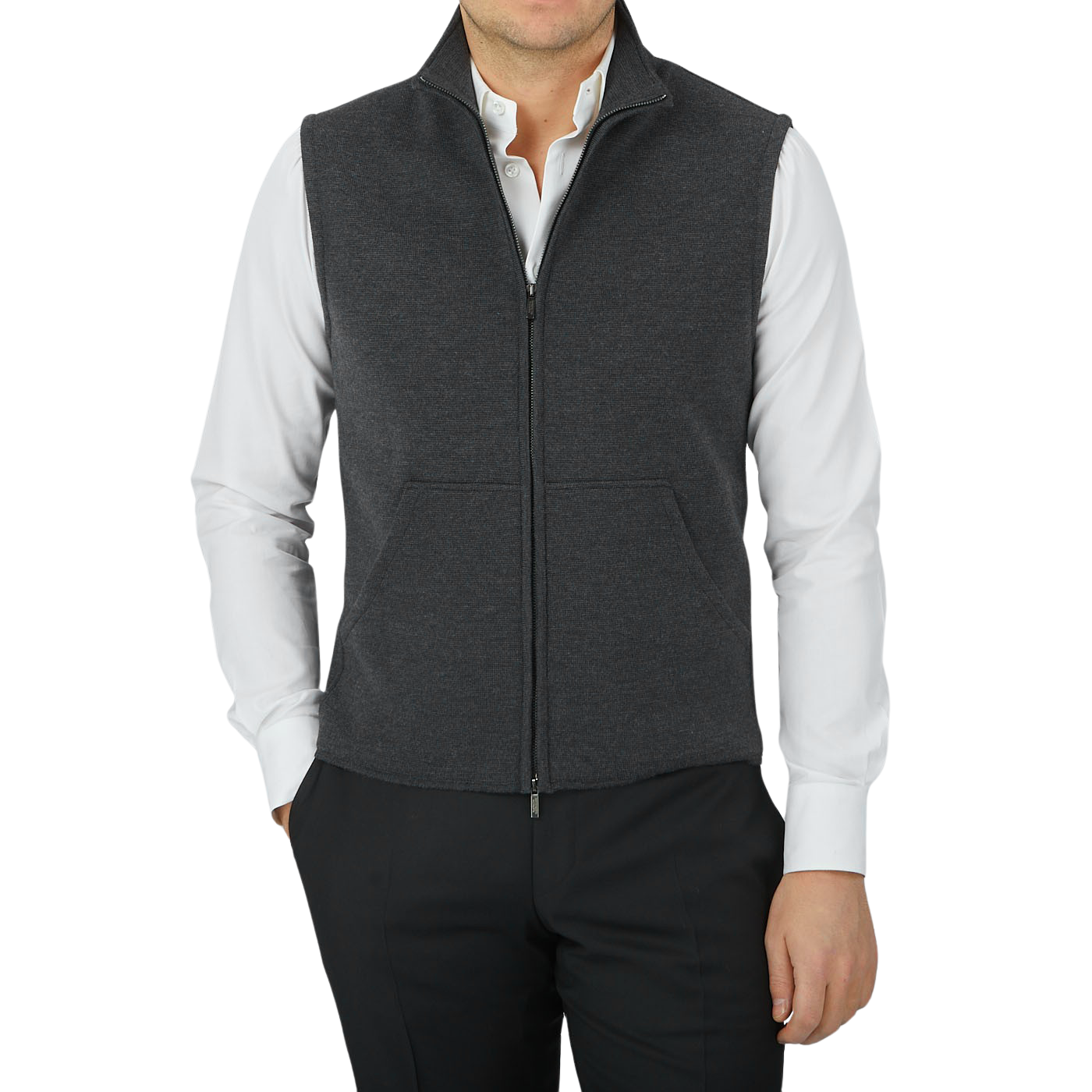 A man wearing a Charcoal Grey Maurizio Baldassari Milano Stitch Wool Zip Gilet and a black shirt.