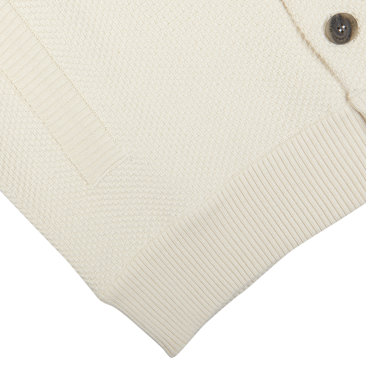 Close-up Maurizio Baldassari Cream Beige Silk Cotton Knitted Blouson with ribbed cuffs and a button detail.