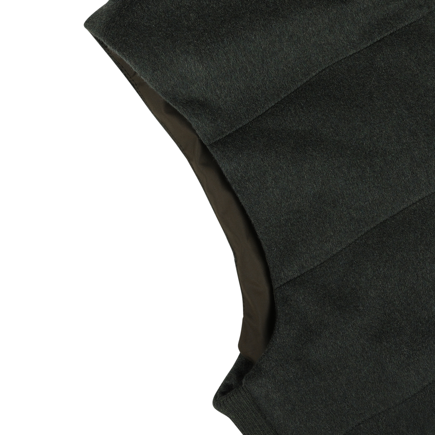 Close-up of the dark green Maurizio Baldassari Water Repellent Cashmere Gilet on a white background, highlighting part of the shoulder and armhole area.