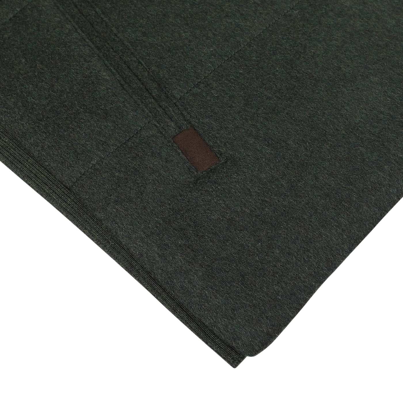 Close-up of the Dark Green Water Repellent Cashmere Gilet by Maurizio Baldassari, featuring a zipper and a small brown tag.