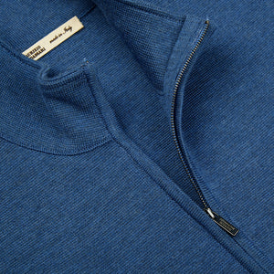A close up of a Maurizio Baldassari Denim Blue Milano Stitch Wool Zip Gilet.