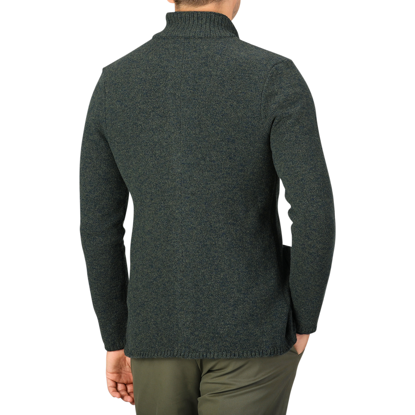 A person is seen from the back, wearing a Green Melange Winter Wool Mouline Swacket by Maurizio Baldassari and olive green pants against a plain background. The outfit features a stylish wool-cotton blend, adding both warmth and sophistication to the look.