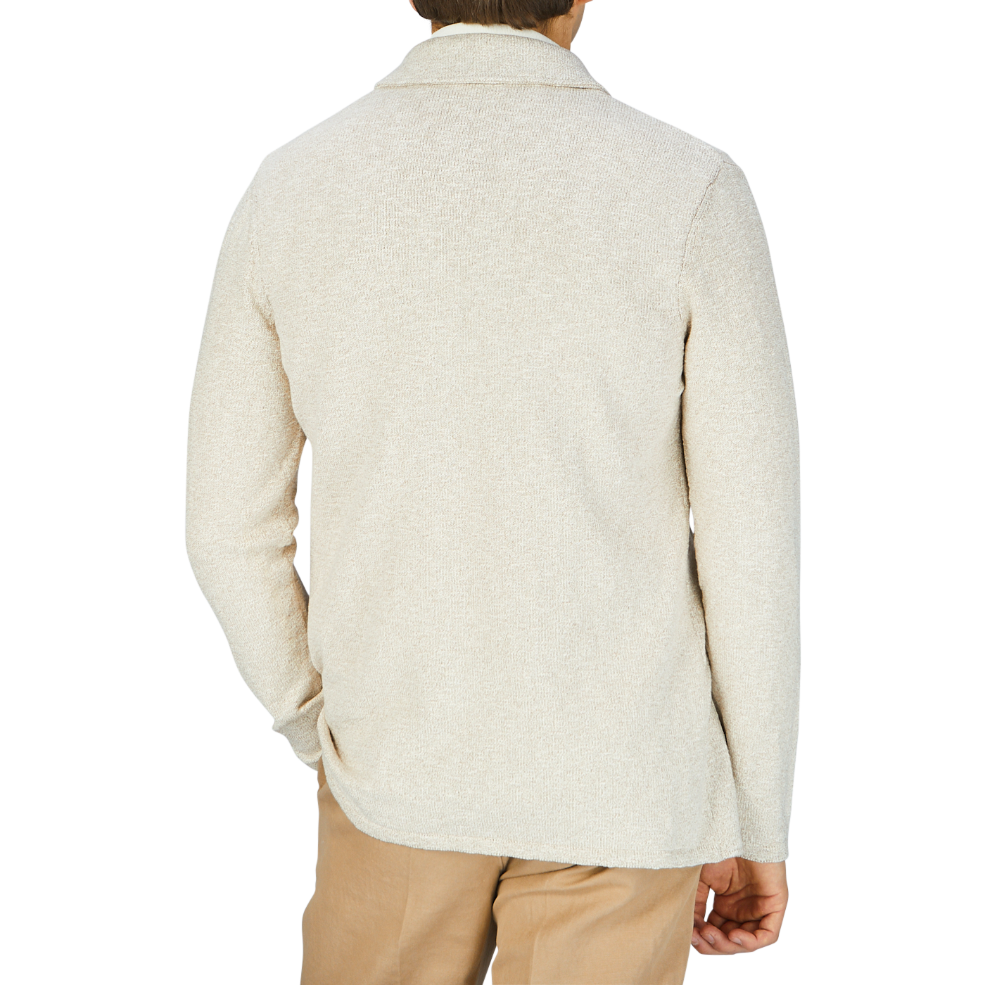 The back view of a man wearing a Maurizio Baldassari Light Brown Cotton Mouline Swacket and tan pants.