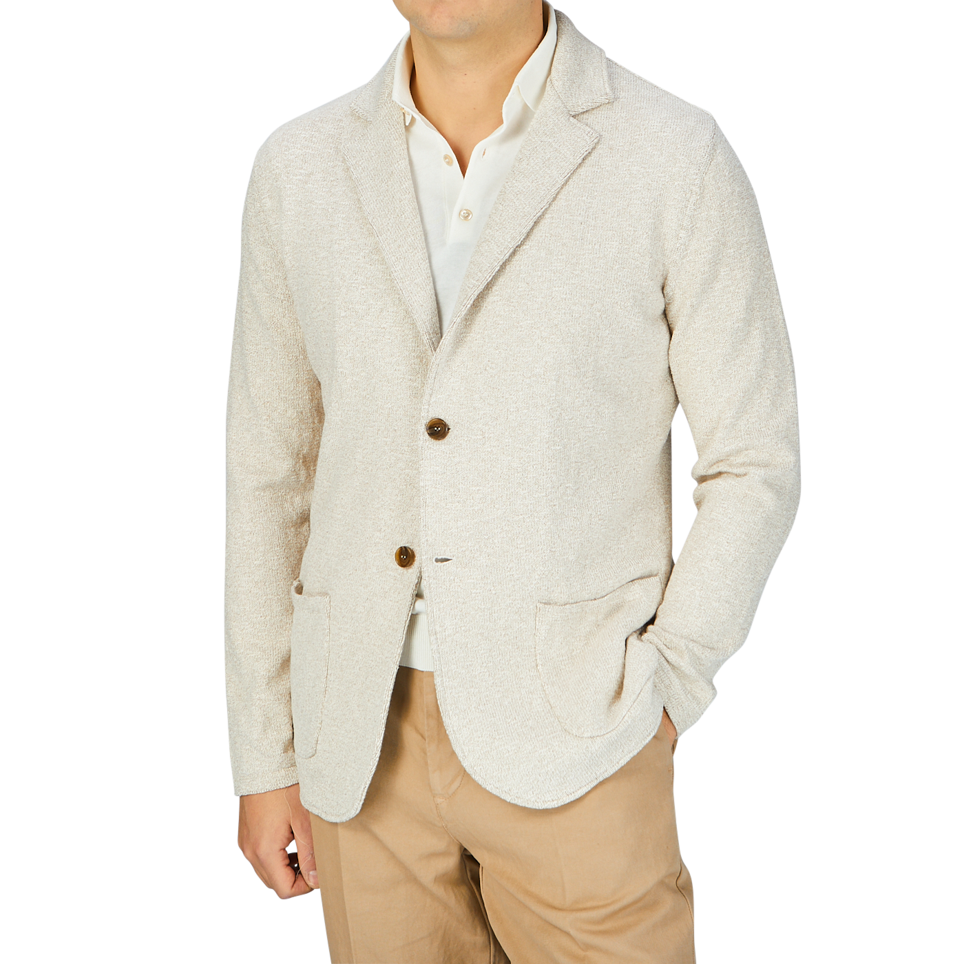 A man wearing a Light Brown Cotton Mouline Swacket by Maurizio Baldassari and tan pants.