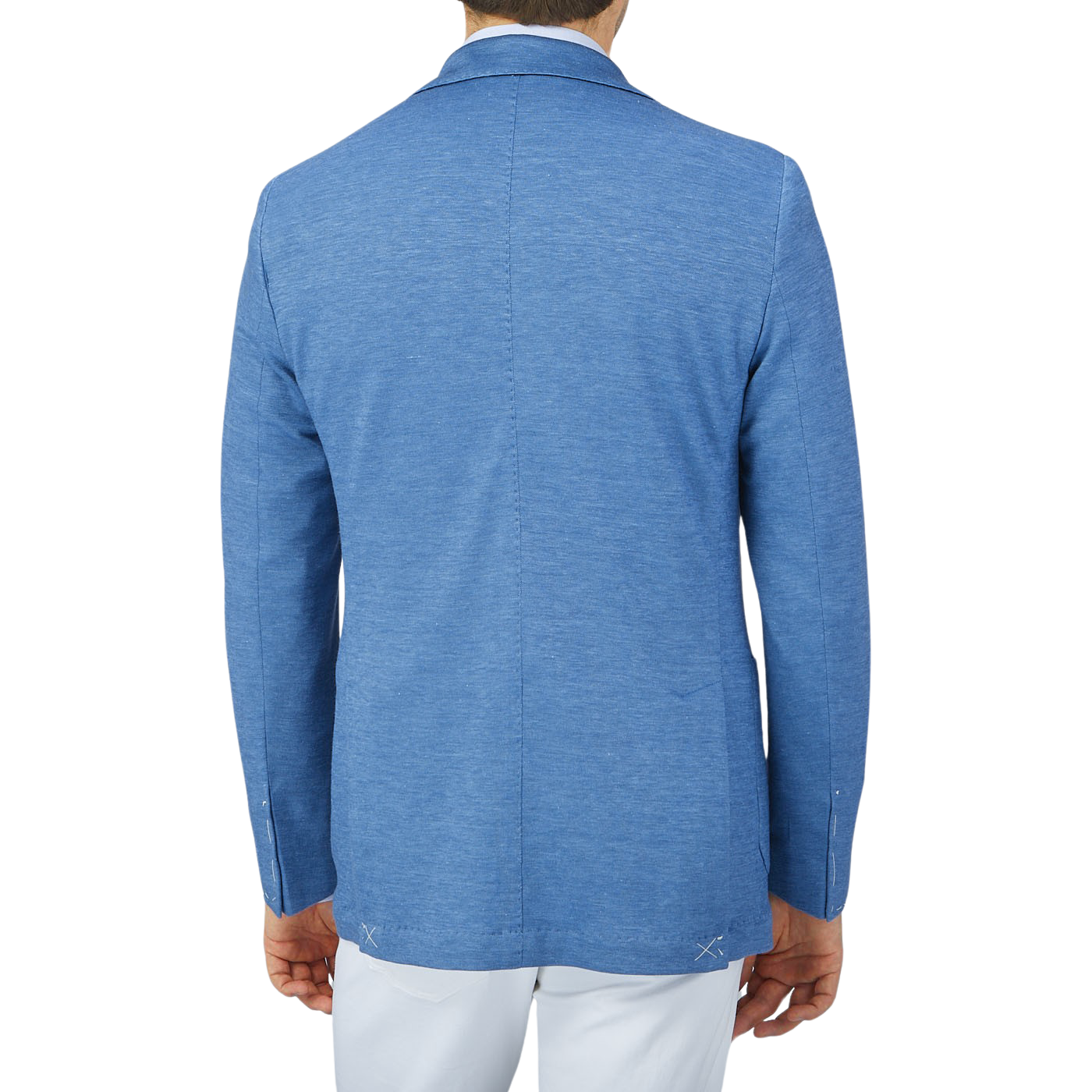 The back view of a man wearing a Maurizio Baldassari Light Blue Wool Linen Silk Jersey Blazer.
