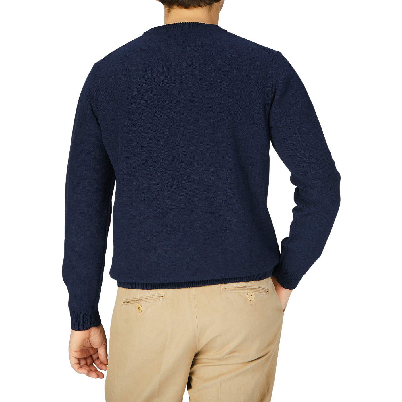 The back view of a man wearing a Maurizio Baldassari Navy Cotton Mouline Crew Neck Sweater and khaki pants.