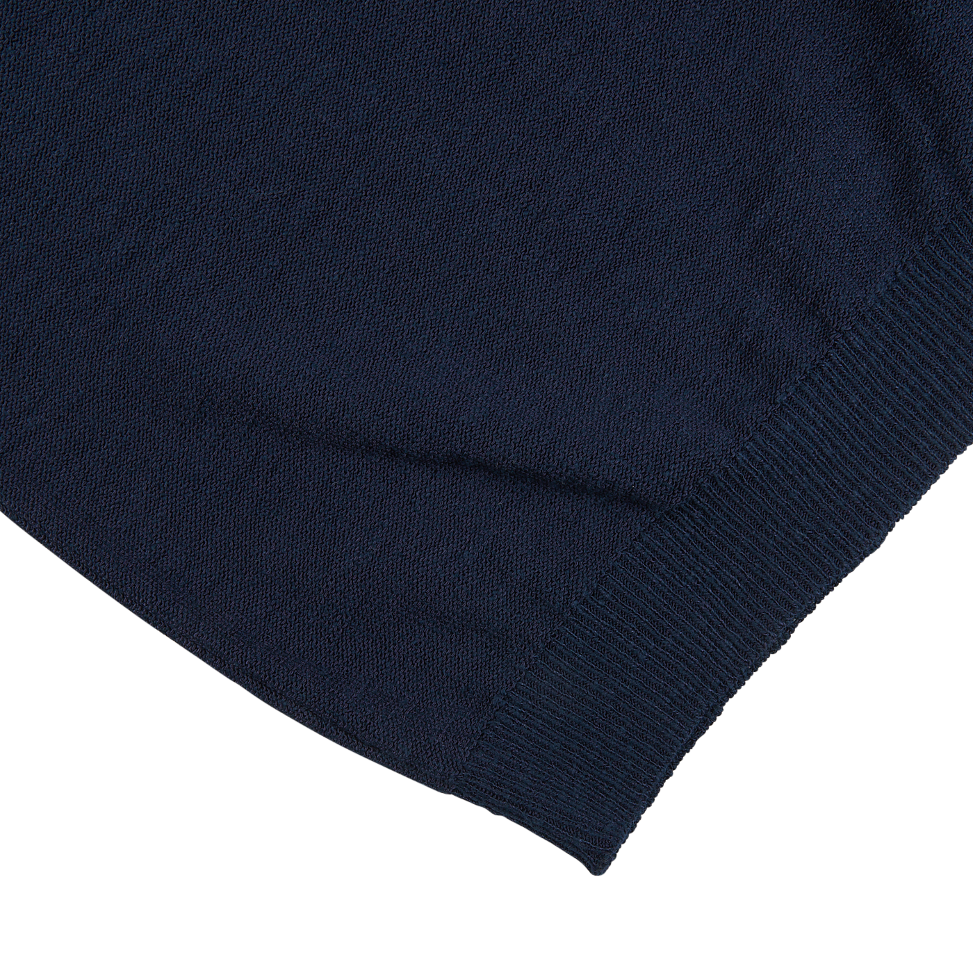 A close up of a Maurizio Baldassari navy blue cotton mouline crew neck sweater.
