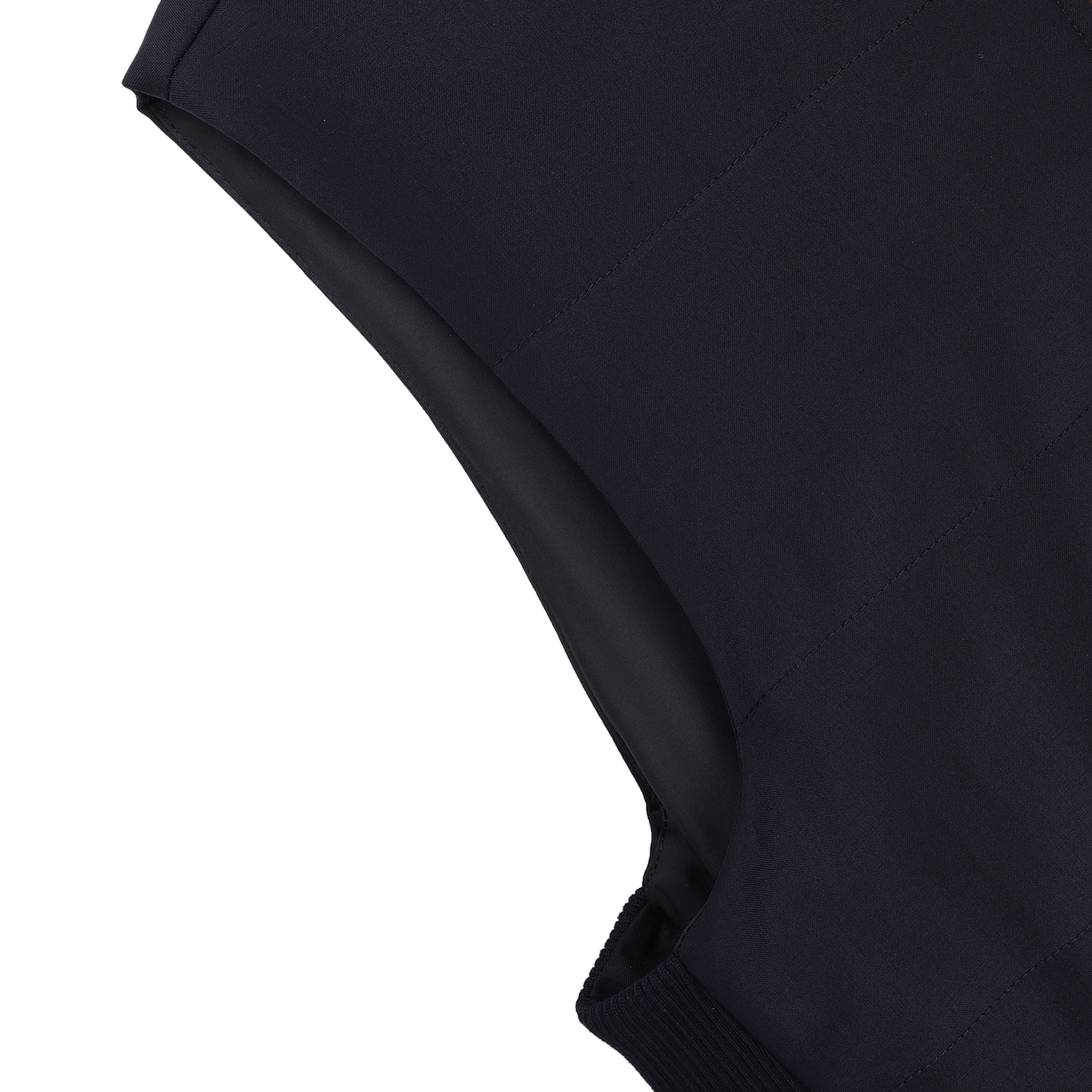 Close-up of a black sleeveless garment, featuring visible stitching, resembling the Navy Merino Wool Thermore Travel Gilet by Maurizio Baldassari, crafted from water-resistant jersey and displayed on a white background.