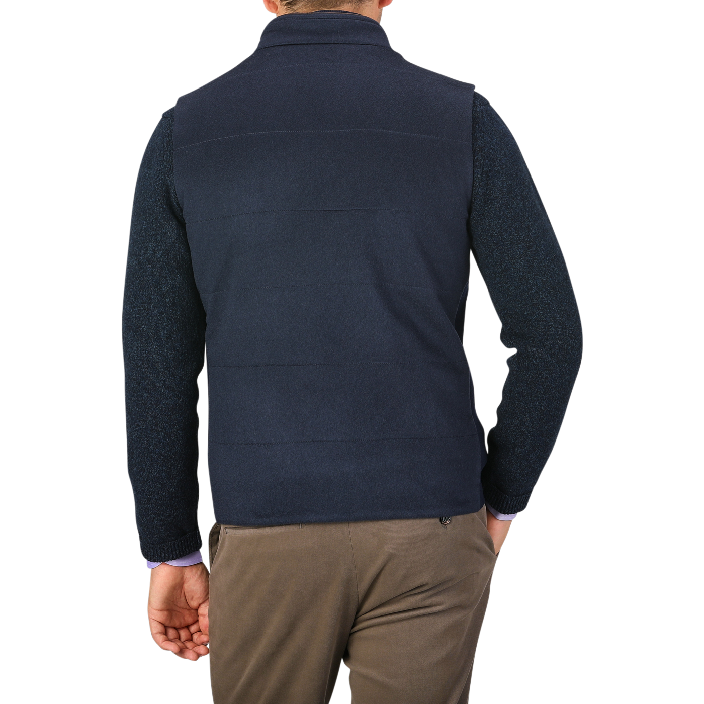 A person is shown from the back wearing a Navy Water Repellent Pure Cashmere Gilet by Maurizio Baldassari over a long-sleeve shirt and brown pants.