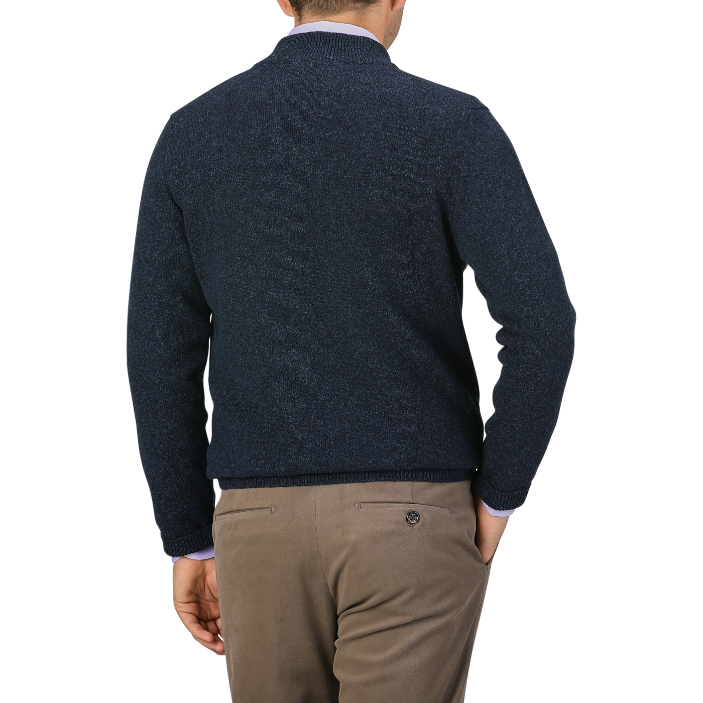 A person shown from the back wearing a Maurizio Baldassari Navy Winter Wool Mouline 1/4 Zip Sweater and tan trousers against a neutral background.