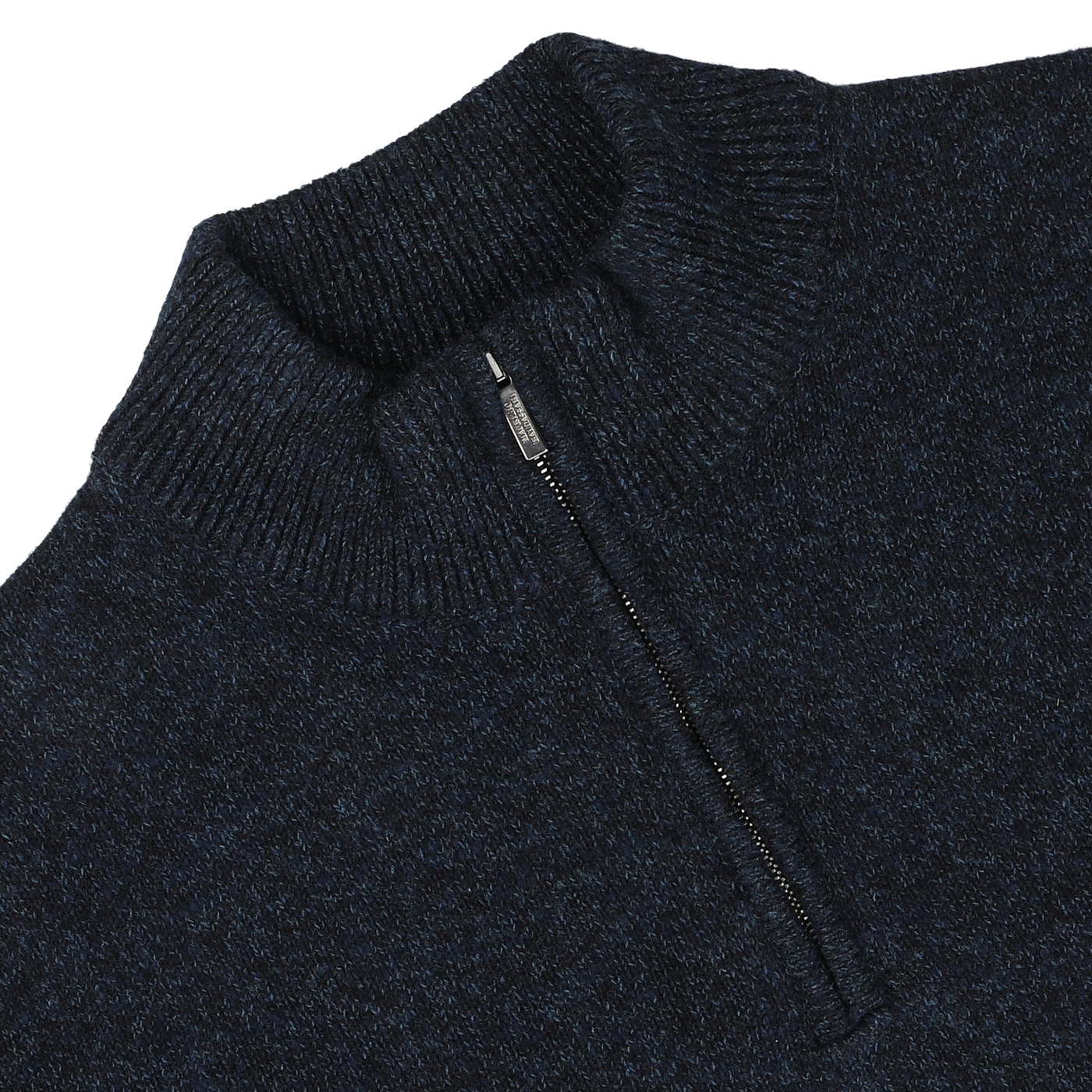 A close-up image of the Maurizio Baldassari Navy Winter Wool Mouline 1/4 Zip Sweater, crafted from soft Tasmanian wool in a navy blue melange, featuring a ribbed collar and partially open zipper.