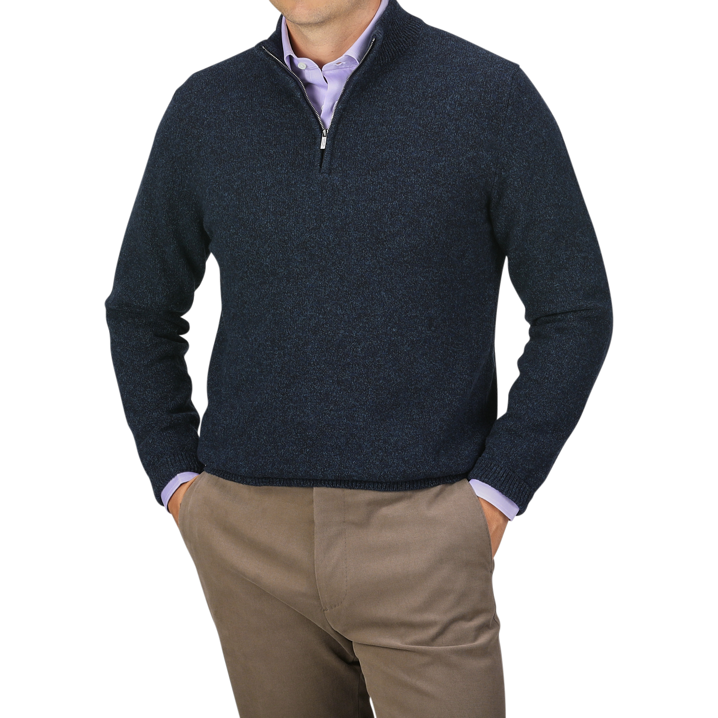 A person wearing a Maurizio Baldassari Navy Winter Wool Mouline 1/4 Zip Sweater over a light purple shirt, paired with light brown pants, stands with hands in pockets against a gray background.