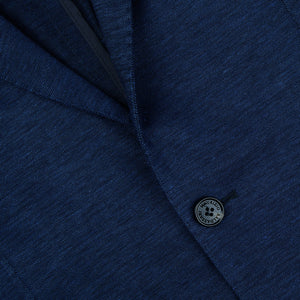 A close-up of a Maurizio Baldassari Dark Blue Wool Linen Silk Jersey Blazer with buttons.