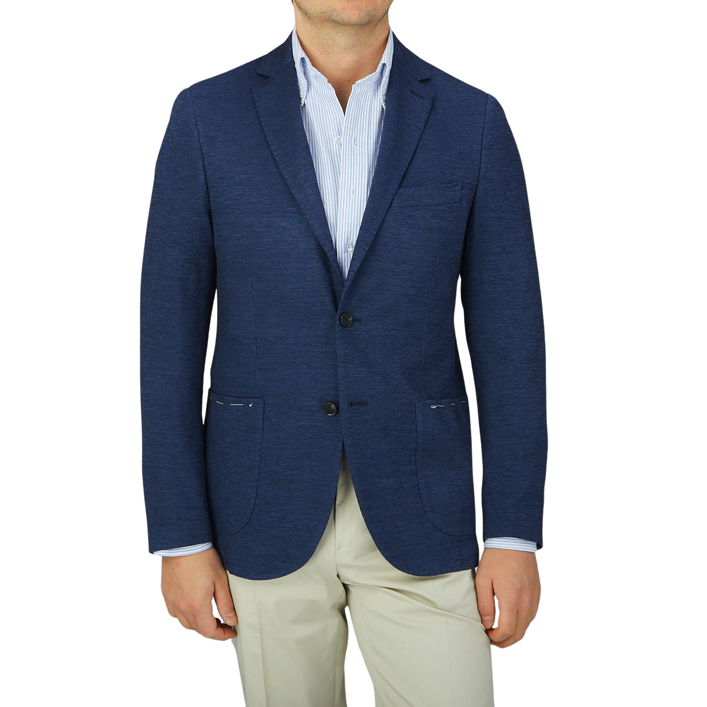 A man sporting a Maurizio Baldassari Dark Blue Wool Linen Silk Jersey Blazer in dark blue, paired with tan pants.
