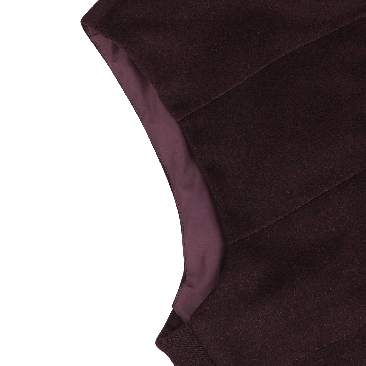 Close-up of the Maurizio Baldassari Plum Water Repellent Cashmere Gilet, revealing the seam and lining on the inner side.