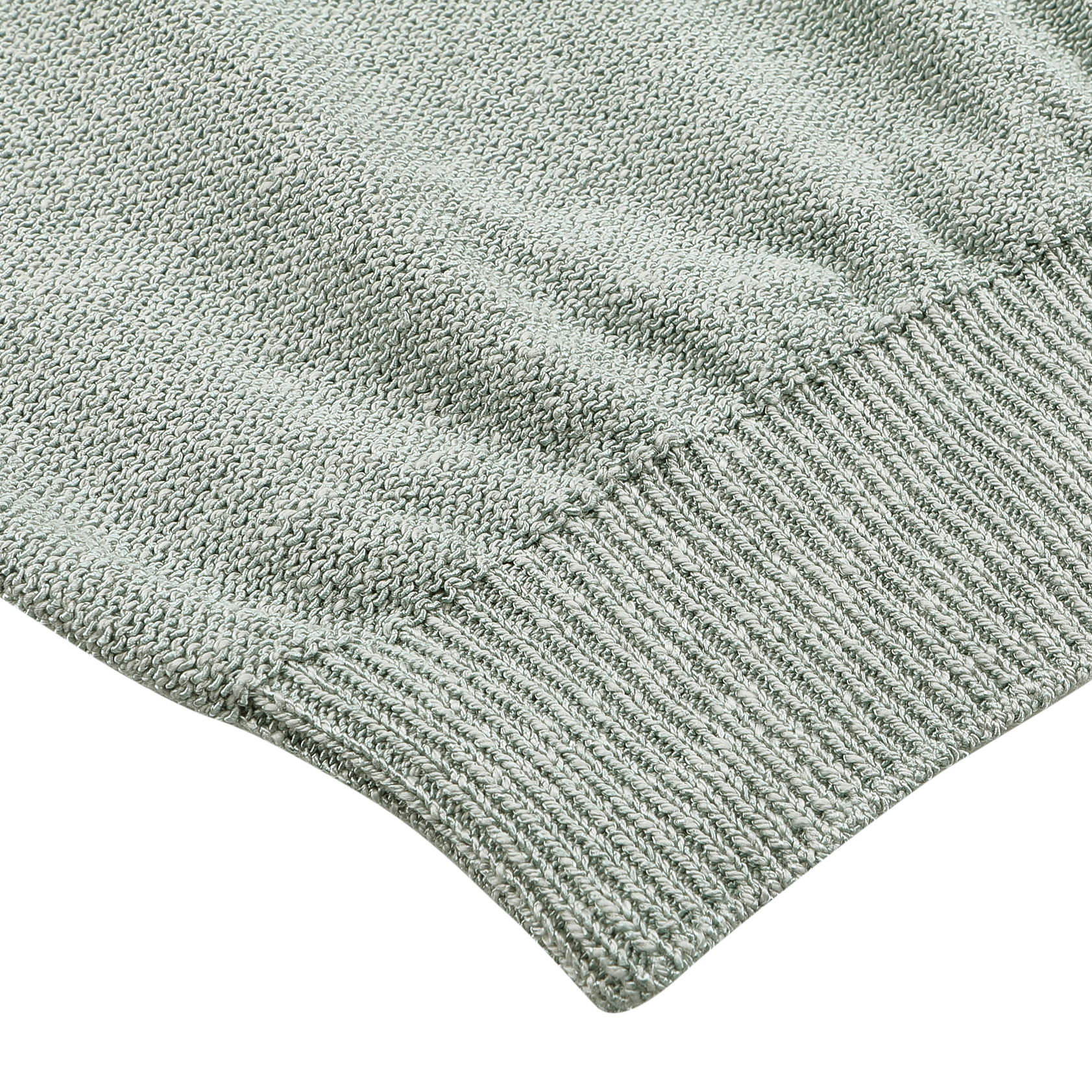 Close-up of the Maurizio Baldassari Sage Green Summer Mouline 1/4 Zip Sweater, highlighting its intricate knitted texture and ribbed hem against a simple backdrop.