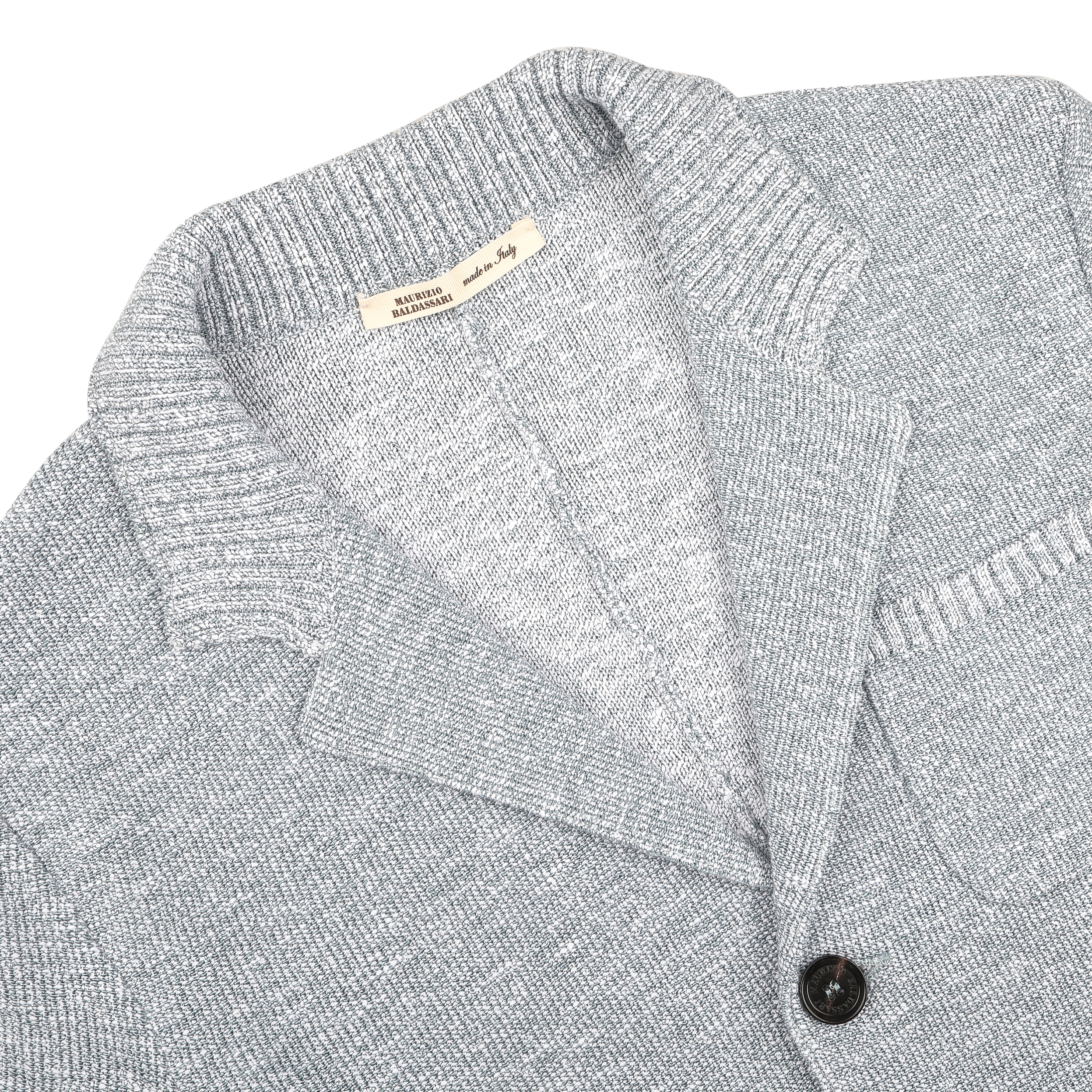 A sky blue knit cardigan with a collar and front button, crafted from a luxe cotton-viscose blend by Maurizio Baldassari.