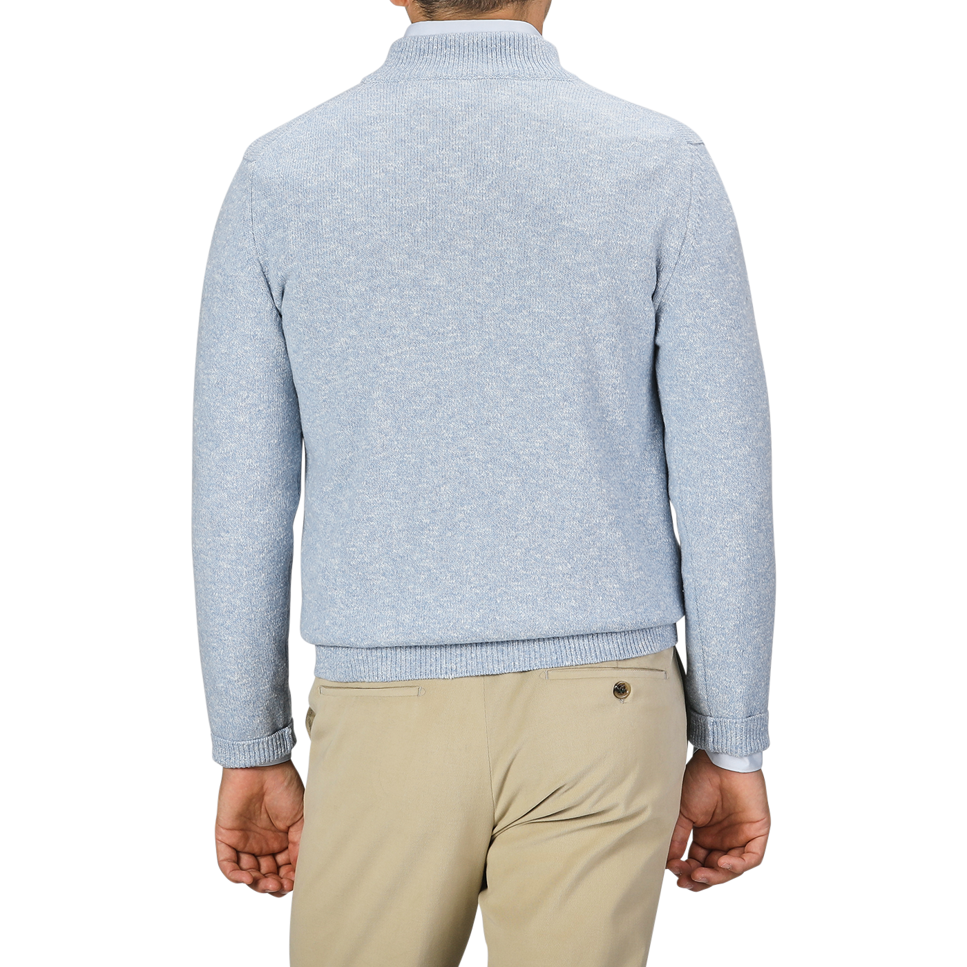 A man is seen from behind wearing a Sky Blue Winter Wool Mouline 1/4 Zip Sweater by Maurizio Baldassari and beige pants.