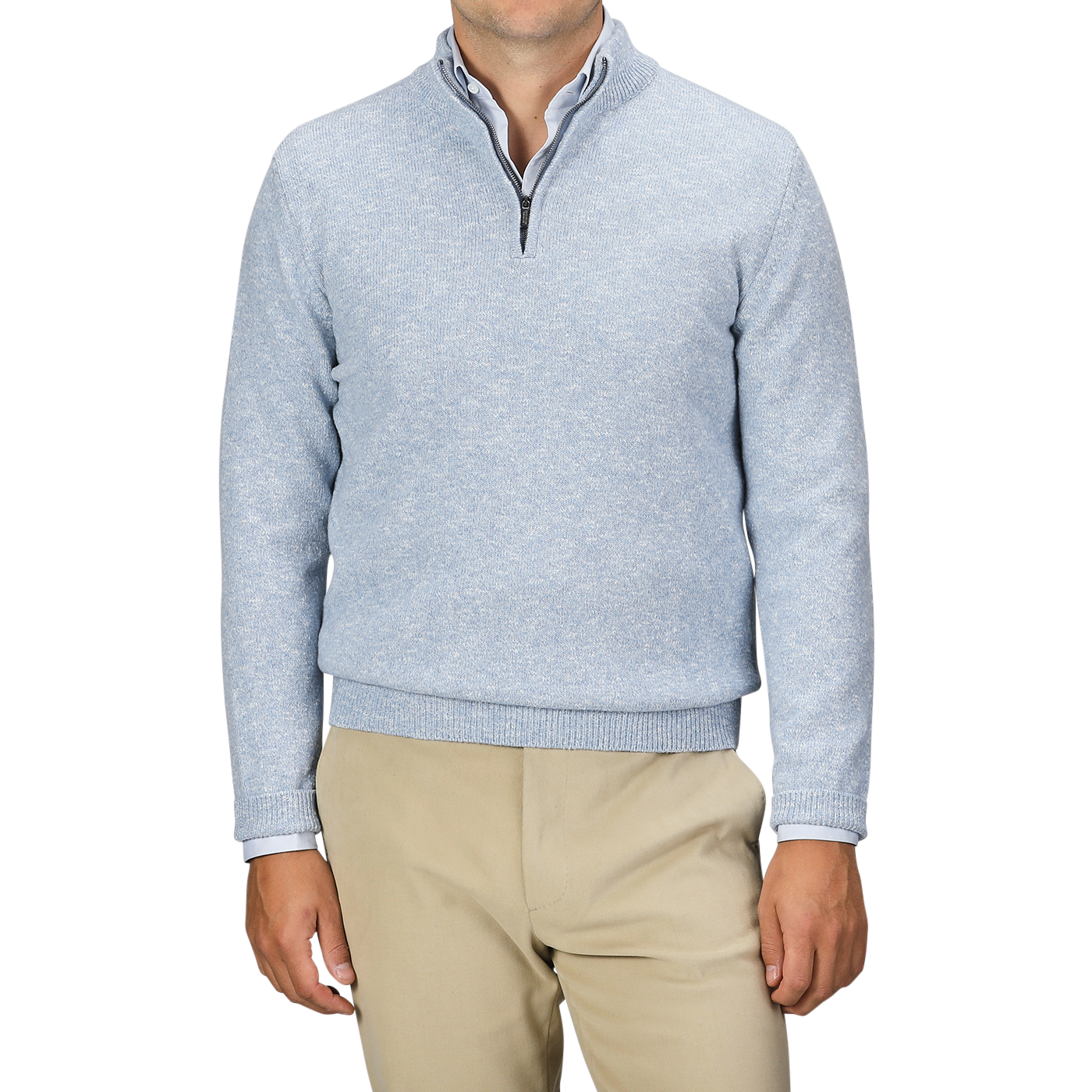 A person is shown from shoulders to waist, wearing a Sky Blue Winter Wool Mouline 1/4 Zip Sweater by Maurizio Baldassari and beige pants, against a plain background.