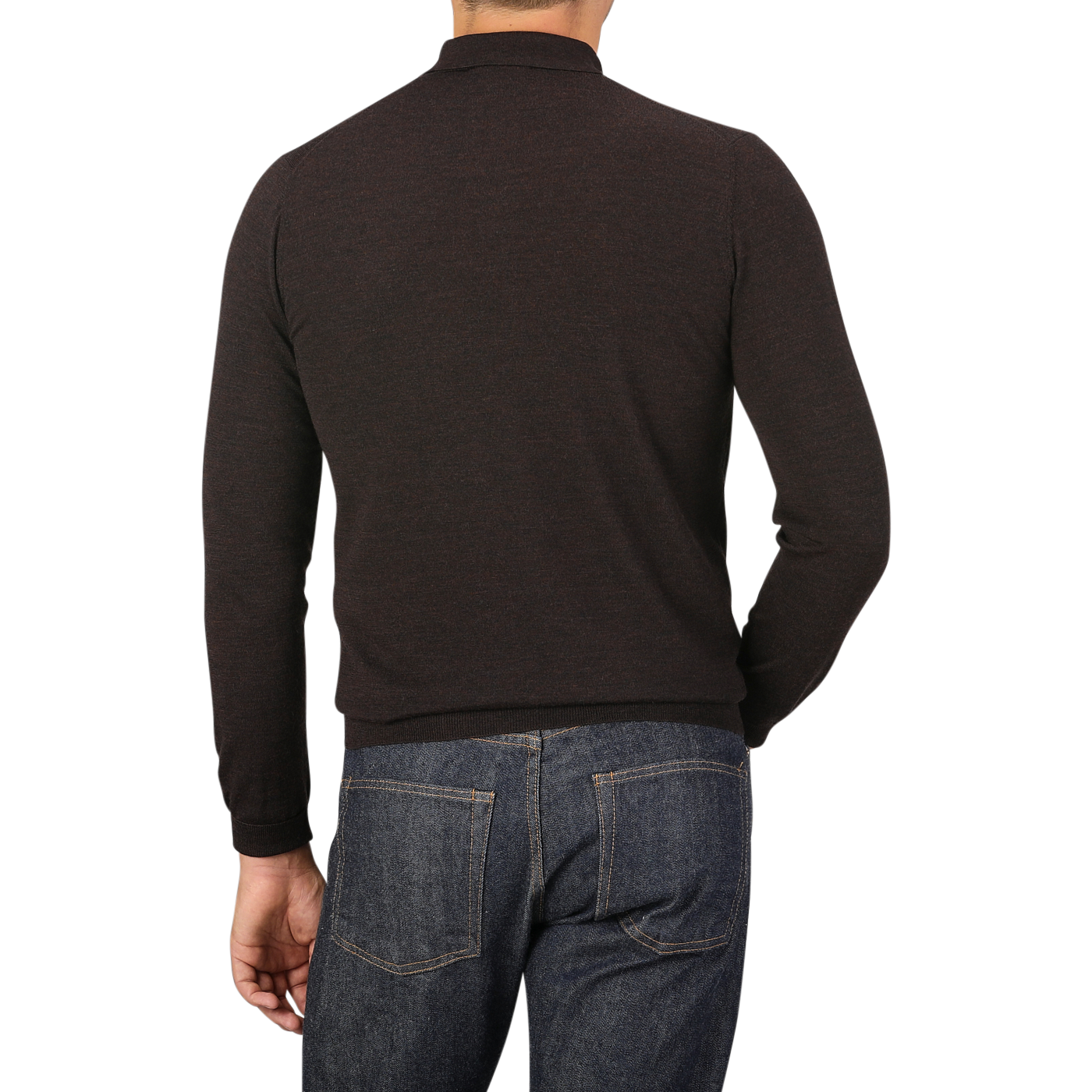 A person wearing a Mauro Ottaviani Brown Melange 16 Gauge Merino Wool Polo Shirt and jeans is shown from the back against a plain gray background.