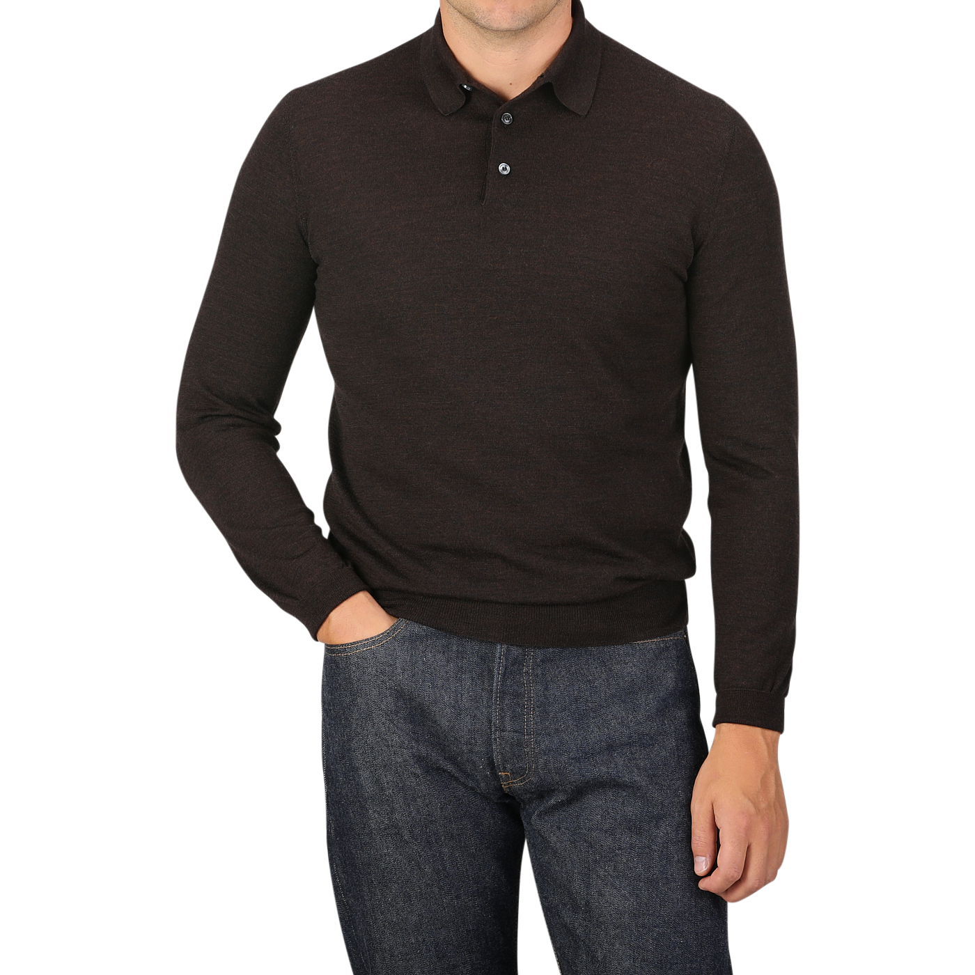 A man wearing a Mauro Ottaviani Brown Melange 16 Gauge Merino Wool Polo Shirt and blue jeans with his right hand in his pocket, standing against a plain gray background.