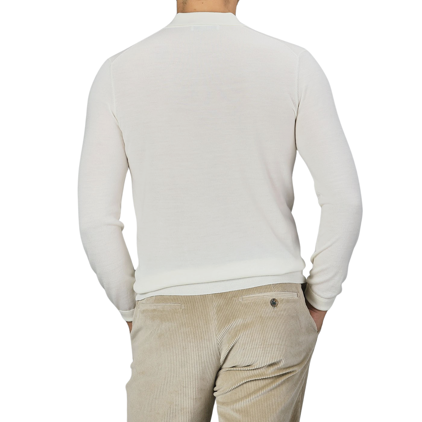 Man wearing a Mauro Ottaviani Cream 16 Gauge Merino Wool Polo Shirt and beige corduroy pants, photographed from the back.