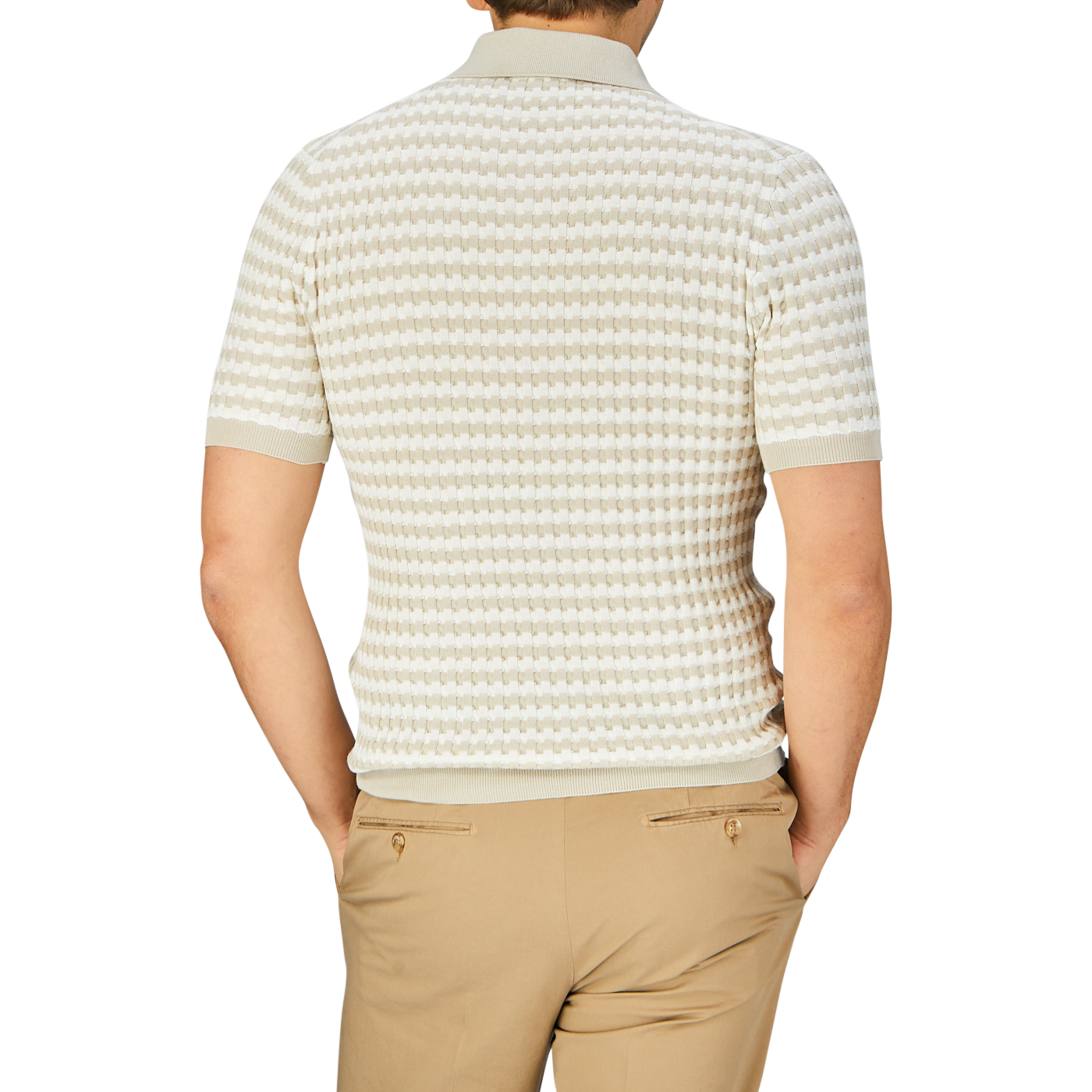 A person photographed from behind wearing a Mauro Ottaviani Cream Beige Cotton Rib-Knitted Polo Shirt and tan trousers.