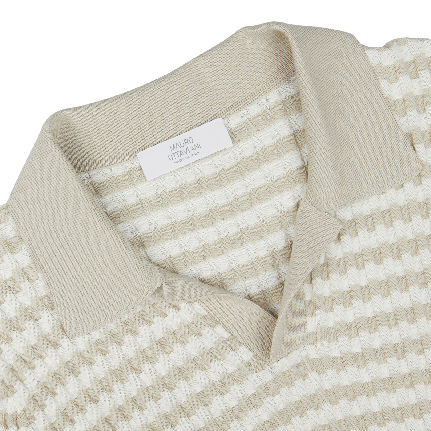 Cream Beige Cotton Rib-Knitted Polo Shirt with a Mauro Ottaviani label on the collar.