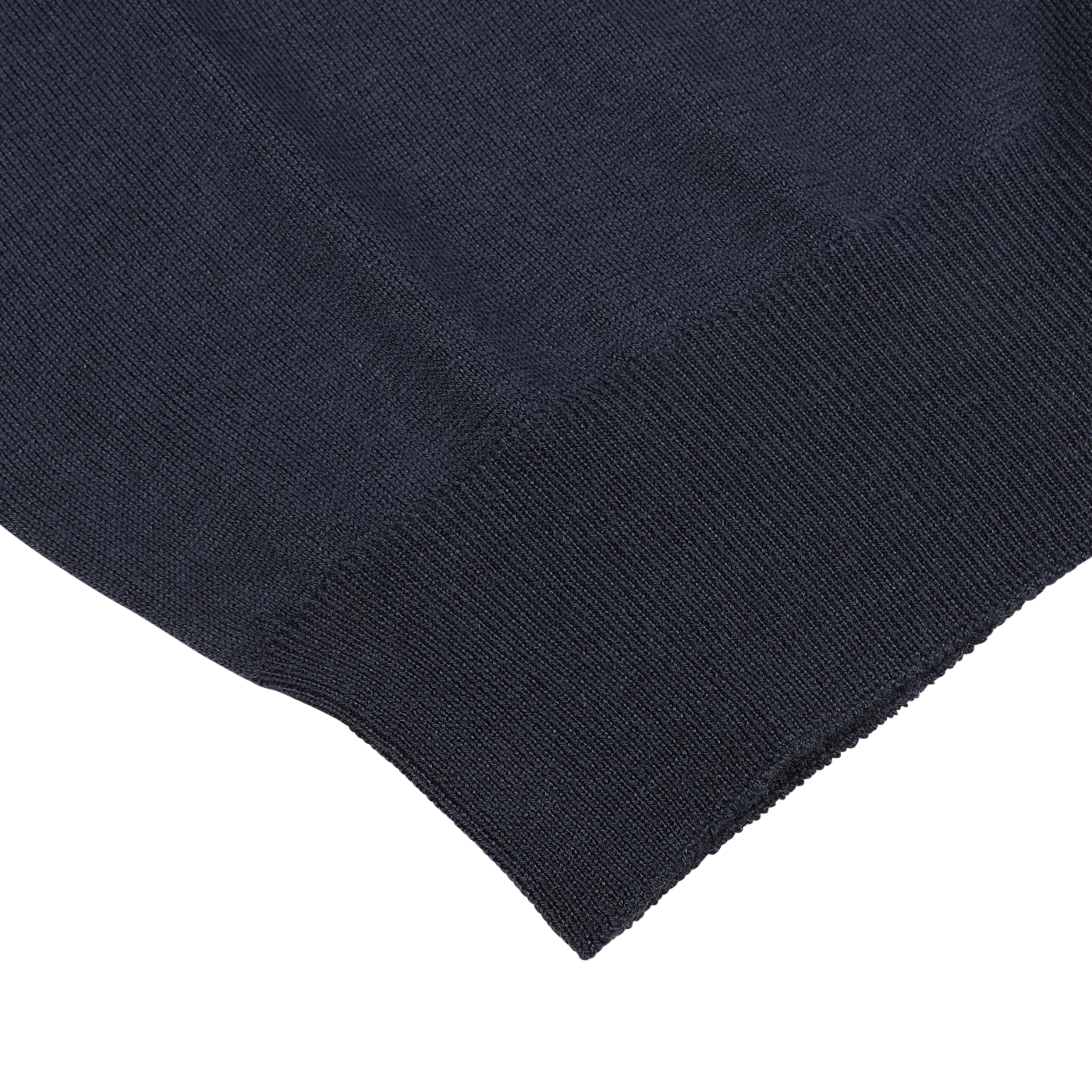 Close-up of a Dark Blue 16 Gauge Merino Wool Polo Shirt by Mauro Ottaviani, highlighting the texture and stitching details of its fine-knitted merino wool fabric.