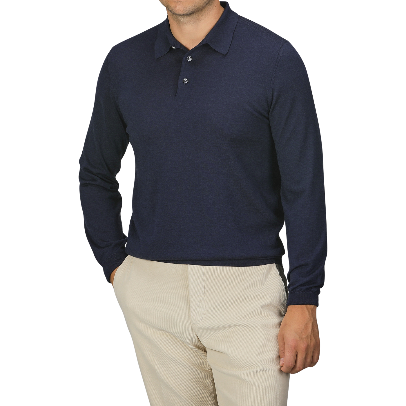 A person is wearing a Mauro Ottaviani Dark Blue 16 Gauge Merino Wool Polo Shirt and beige pants with hands in pockets. The person's face is not visible.