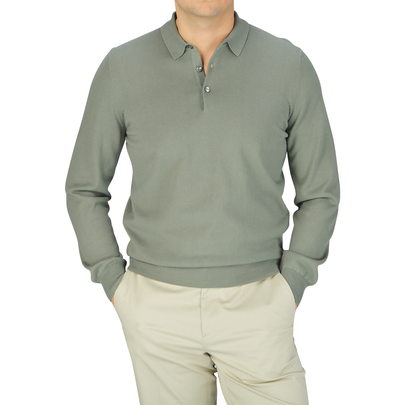 Mauro Ottaviani, wearing a Khaki Green Supima Cotton LS Polo Shirt from Mauro Ottaviani.