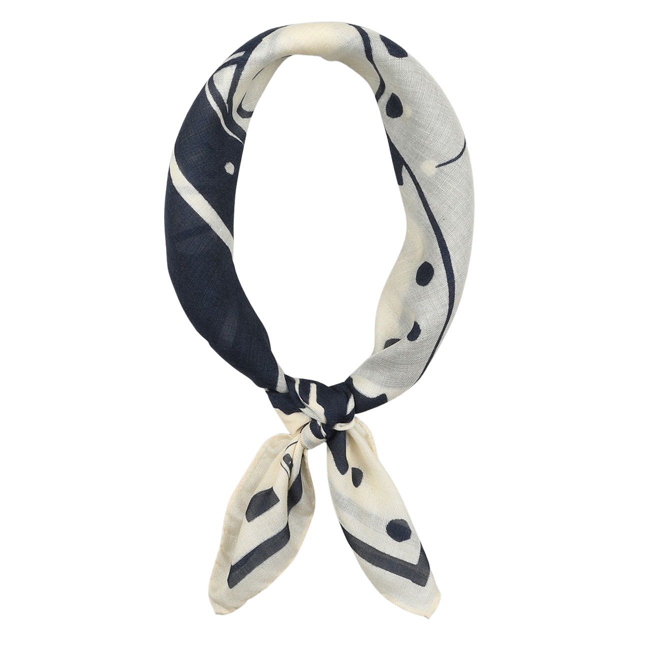 The Max Rohr Blue Wool Silk Cashmere Scarf, featuring a chic retro white and navy blue pattern, is elegantly tied in a loop against a plain background.