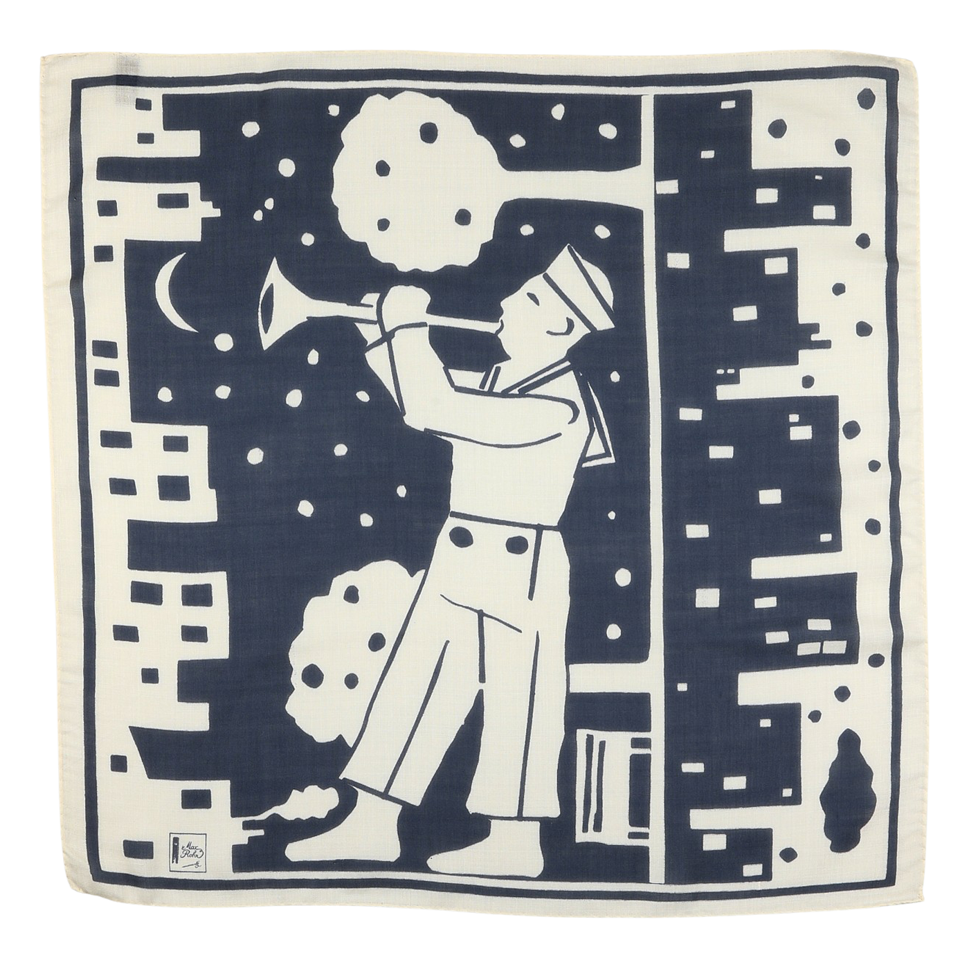 A sailor playing a trumpet against a starry night and abstract buildings, draped in a Blue Wool Silk Cashmere Scarf by Max Rohr; the design evokes retro vibes with dark blue and white hues.