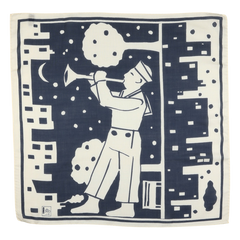 A sailor playing a trumpet against a starry night and abstract buildings, draped in a Blue Wool Silk Cashmere Scarf by Max Rohr; the design evokes retro vibes with dark blue and white hues.